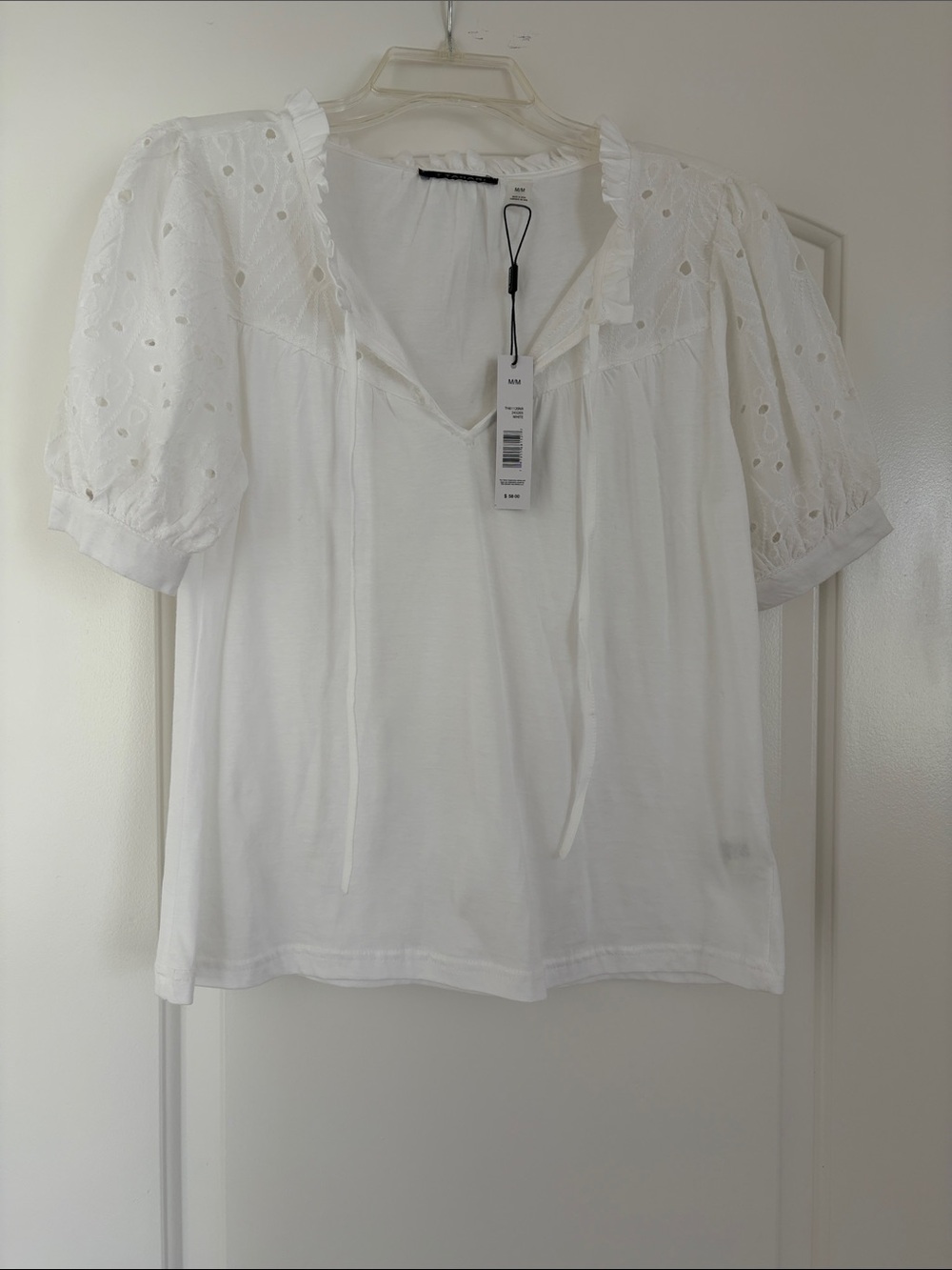 T Tahari White Eyelet Puff-Sleeve Blouse